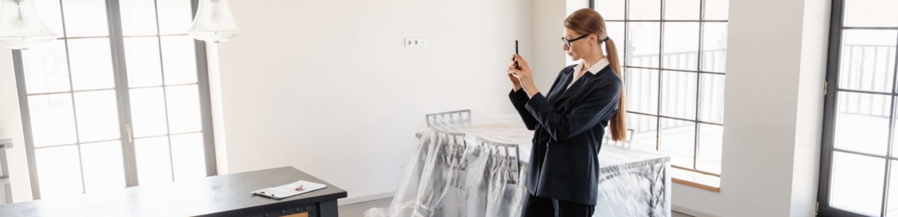 Foto que ilustra matéria sobre laudo de vistoria de imóvel com uma mulher tirando fotos dentro de uma casa para alugar.