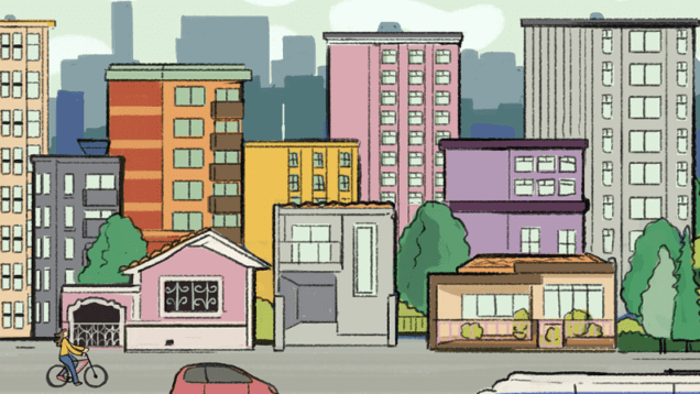 ilustração colorida de um panorama urbano com prédios e casas em diversas cores e estilos e na rua a frente deles estão um ciclista, um carro e um ônibus articulado