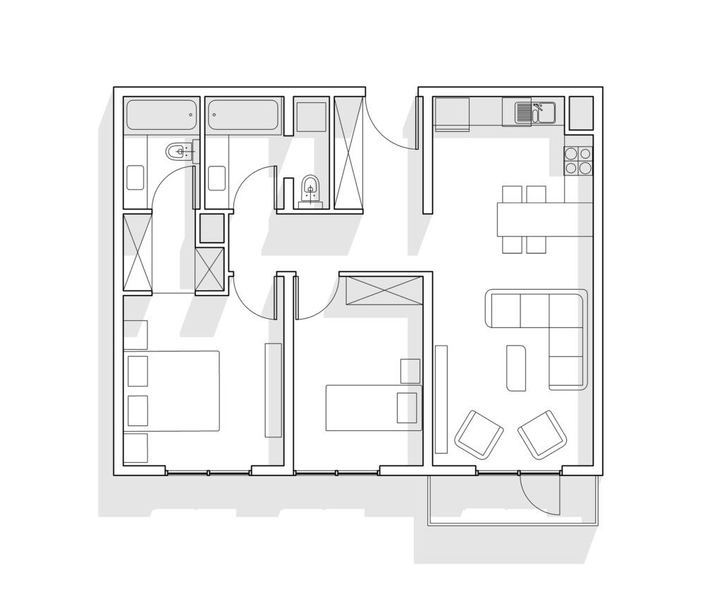 Planta baixa de um apartamento de dois quartos com design de cozinha aberta e varanda com dois banheiros para ilustrar matéria sobre planta humanizada