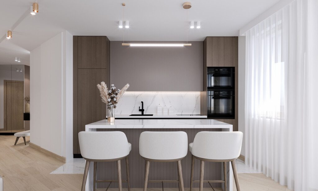 Imagem de uma cozinha com design moderno, armários em tom marrom e cadeiras brancas 