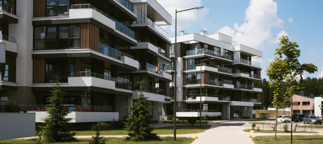 Imagem panorâmica de um conjunto de prédios pequenos modernas com fachadas na cor preto e marrom para ilustrar matéria sobre condomínios de alto padrão