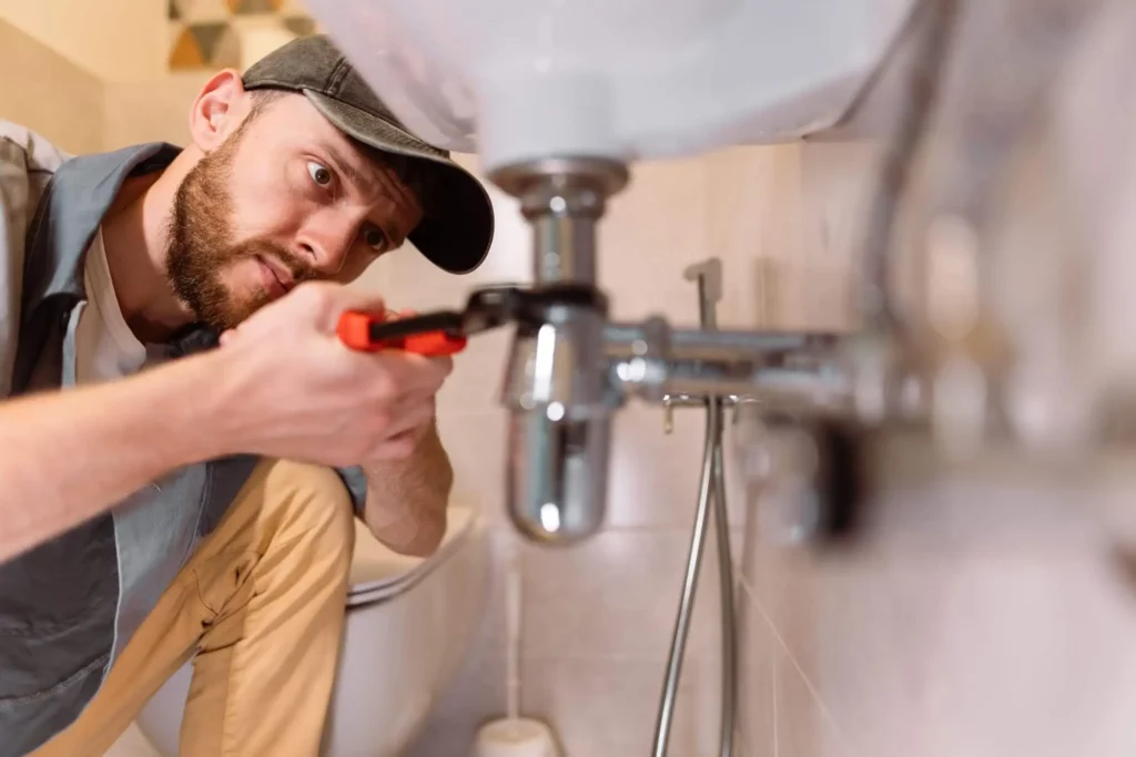 Imagem de um profissional mexendo no encanamento da pia de um banheiro para ilustrar matéria sobre como cuidar de imóvel alugado